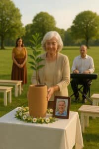 Mourning of a widow, in a funeral ceremony around Uniom, biodegradable containing a tree