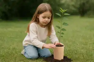 Girl burying a biodegradable cork urn containing a young tree