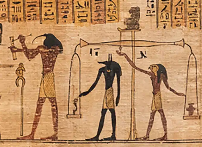 Anubis guides the deceased to judgment - Thoth notes the result balance between truth and lies